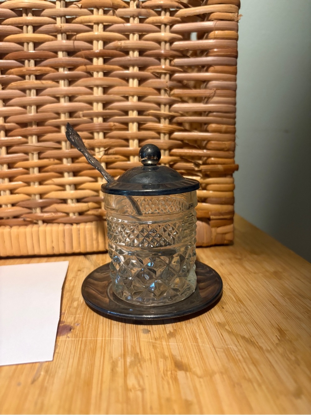Vintage Crystal Jam Jar with Silver-Tone Lid, Spoon, and Underplate